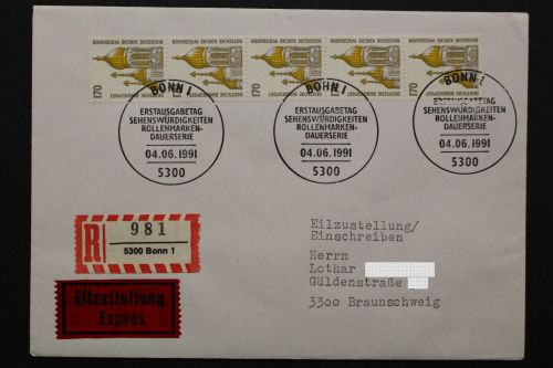 Deutschland (BRD), MiNr. 1535, Fünferstreifen auf R-Brief/Rückschein