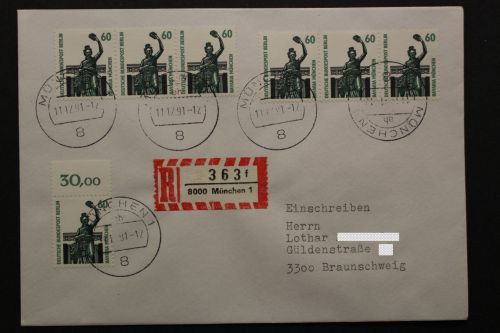 Berlin, MiNr. 795 A, zwei Dreierstreifen auf R-Brief