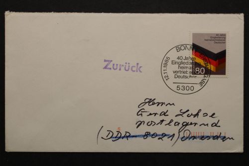 Postkrieg, Deutschland (BRD) MiNr. 1265, Brief in die DDR, wiederzurück