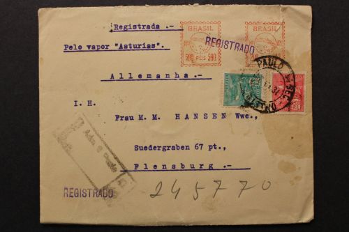 Brasilien, R-Brief 1931 mit Freistempler & Marken nach Flensburg
