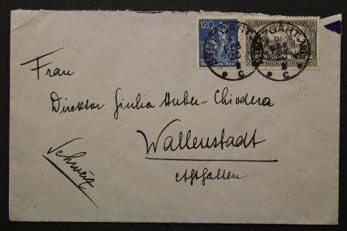 Deutsches Reich, 3 Mark Denkmal + 120 Pf Bergarbeiter auf Brief in die Schweiz