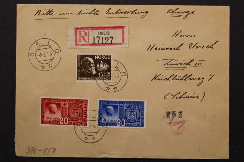 Norwegen, MiNr. 233, 274-275 auf R-Brief in die Schweiz, deutsche Zensur