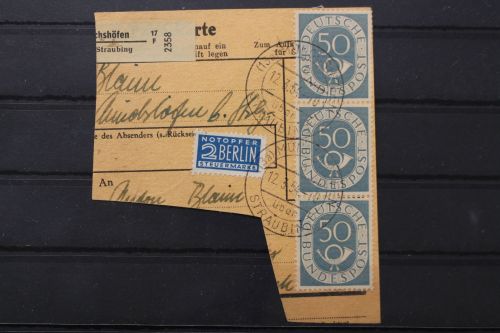 Deutschland (BRD), MiNr. 134, senkrechter Dreierstreifen, Briefstück