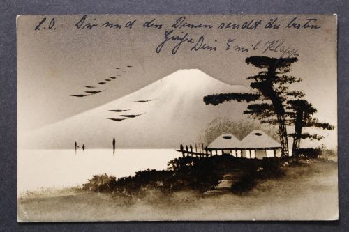 Japan, Vulkan, dekorative Karte 1907 nach Hannover gelaufen