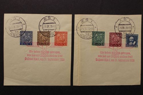 Asch, 2 Briefstücke, Asch 21.9.38, dreizeiliger roter Stempel