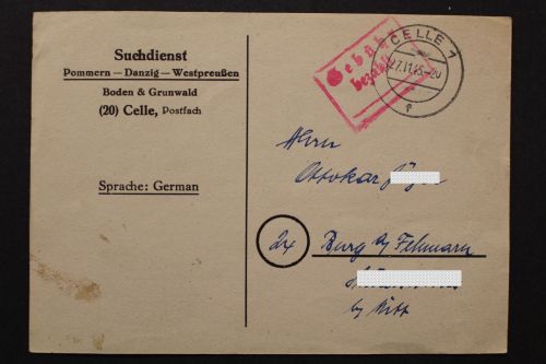 Celle, Gebühr bezahlt vom 27.11.45, Suchdienst