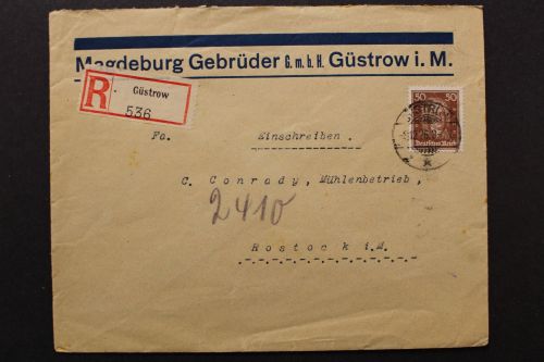 Deutsches Reich, MiNr. 396 auf R-Brief ab Güstrow nach Rostock, 8.12.26