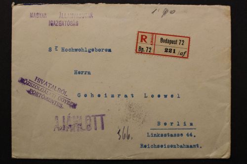 Ungarn, R-Brief ab Budapest nach Berlin, 1920