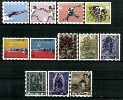 Liechtenstein, MiNr. 365-376, Jahrgang 1958, postfrisch