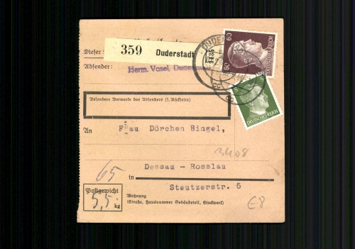 Deutsches Reich, Paketkarte von Duderstadt nach Dessau