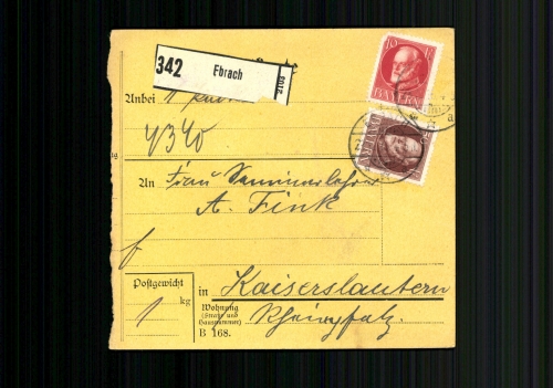 Ebrach, Paketkarte für ein Paket nach Kaiserslautern