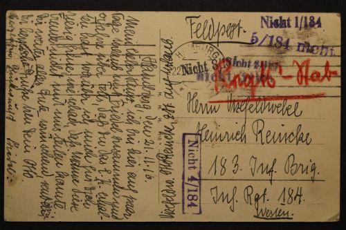 Feldpostkarte vom 22.11.16, Stempel Nicht 1,2,3 + 4 / 184