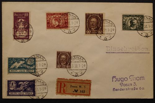 Polen, MiNr. 123-129 auf R-Brief nach Posen, 1920