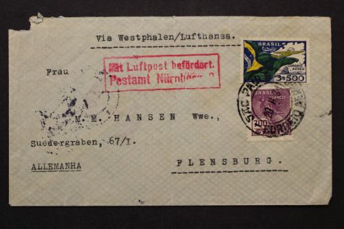 Brasilien, mit Luftpost Via Westfalen 1934 nach Flensburg