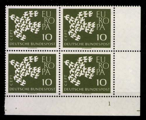 Deutschland (BRD), MiNr. 367 x, VB, Eckr. re. unten, Formnr. 1, postfrisch