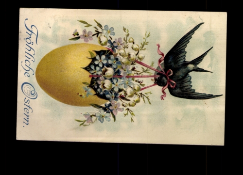 Fröhliche Ostern, Vogel mit Osterstrauß und Ei
