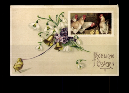 Fröhliche Ostern, 3 Hennen mit Küken