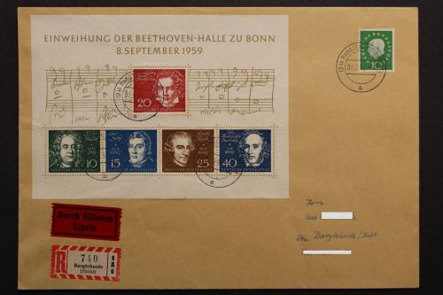 Deutschland, Block 2 + MiNr. 303 auf R-Brief am 8.9.59 gelaufen, FDC