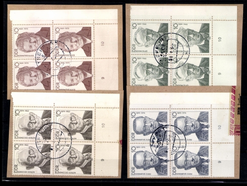 DDR, MiNr. 3222-3225, 4er Blöcke, Ecken rechts unten, Briefstücke