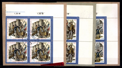 DDR, MiNr. 3258-3260, 4er Blöcke, Ecken rechts oben, Briefstücke