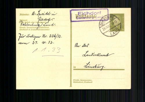 Eichdorf Dahlenburg Land, Landpoststempel auf Ganzsache