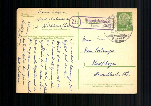 Niedertiefenbach Nassau (Lahn), Landpoststempel auf Ganzsache