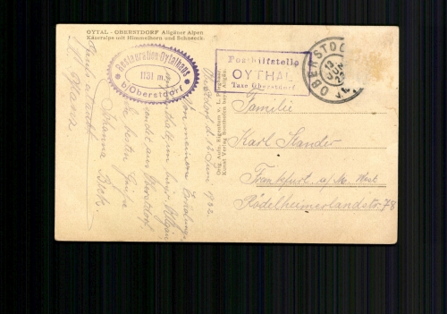 OYTHAL Taxe Oberstdorf Posthilfstelle, Stempel auf AK