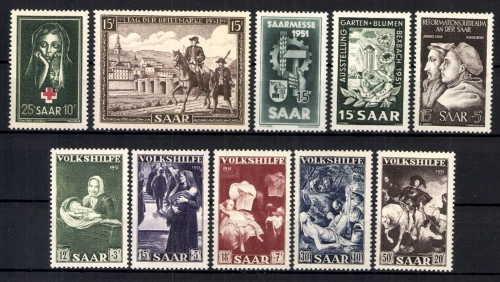 Saarland, MiNr. 304-313, Jahrgang 1951, postfrisch