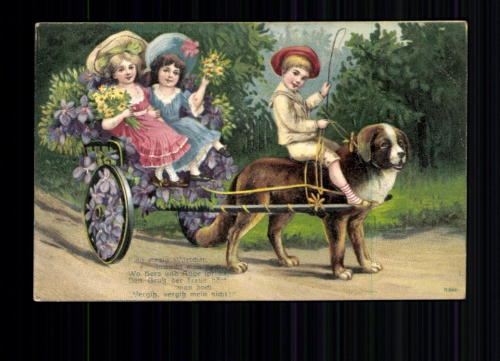 Drei Kinder unterwegs mit blumengeschmückter Hundekutsche, Karte m. Vers