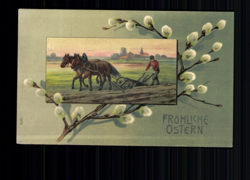 Bauer beim Umpflügen im Frühjahr, fröhliche Ostern
