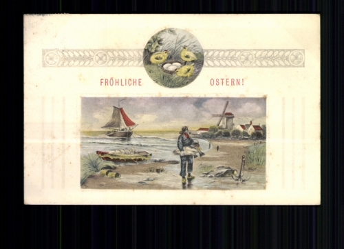 Fischer nach den Fang, Segelschiff, Windmühle , fröhliche Ostern