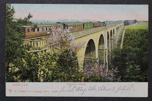 Görlitz, Eisenbahn-Viadukt mit Lok und Waggons