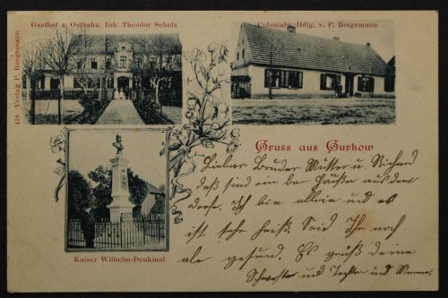 Gurkow in Westpommern, Gasthof z. Ostbahn, Colonialwaren, Denkmal