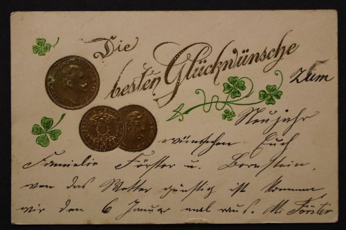 Glückwünsche zum Neuen Jahr, Ansichtskarte mit Münzabbbildung