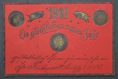 Ein glückliches neues Jahr 1901, Prägekarte, Münzabbildungen