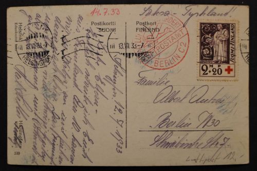 Finnland, Luftpostbeleg 1933 nach Berlin, roter Luftpoststempel
