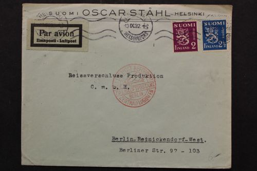 Finnland, Luftpostbeleg 1932 nach Berlin, roter Luftpoststempel