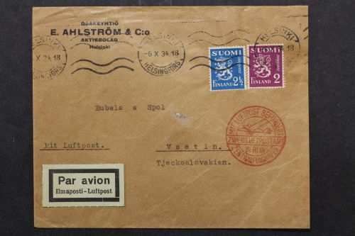 Finnland, Luftpostbeleg 1934 über Berlin in die Tschechoslowakei