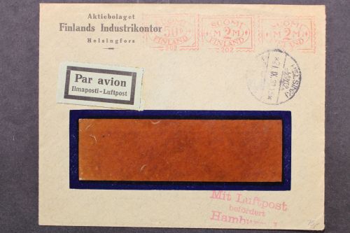 Finnland, Luftpostbrief mit Freistempler 1933, Lupo-Stempel Hamburg