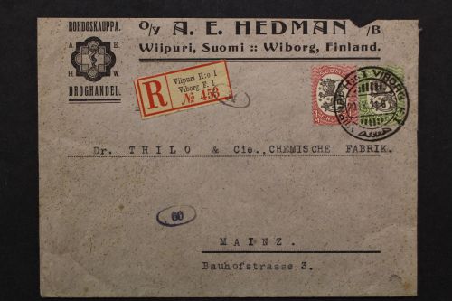 Finnland, Einschreibebrief ab Viipuri nach Mainz, Vignette
