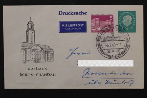 Berlin Privatganzsache, 5 Pf Bauten neben 7 Pf Heuss, Rathaus Spandau
