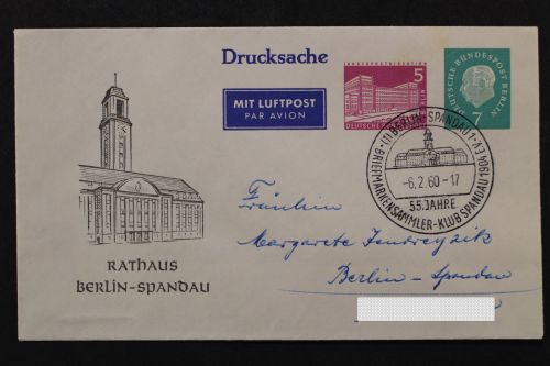Berlin Privatganzsache, 5 Pf Bauten neben 7 Pf Heuss, Rathaus Spandau