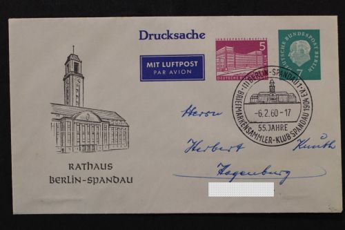 Berlin Privatganzsache, 5 Pf Bauten neben 7 Pf Heuss, Rathaus Spandau