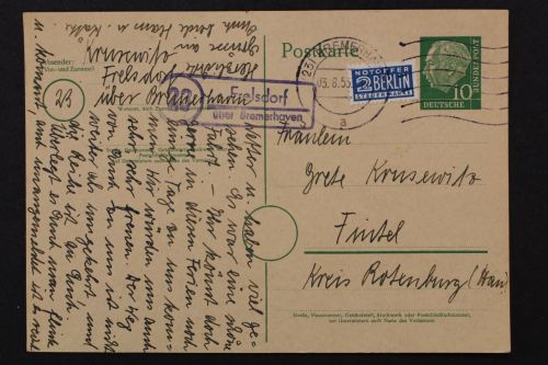 Frelsdorf über Bremerhaven, Landpoststempel auf Ganzsache, 1955