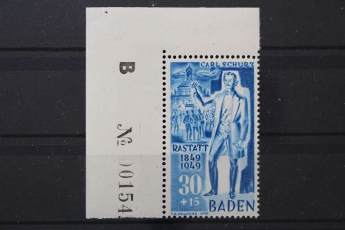 FZ Baden, MiNr. 52 Ecke mit Teil der Bogennummer, postfrisch