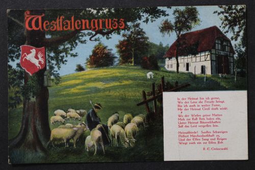 Westfalengruss, Schäfer und Schafherde, Karte mit Wappen und Vers