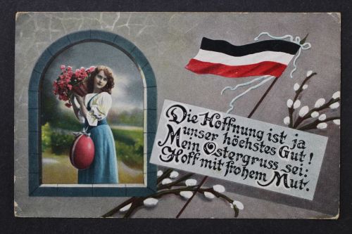 Junge Frau mit Blumenkorb und Osterei, Karte mit Flagge und Vers