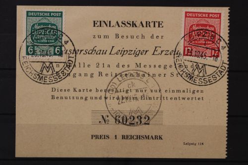 Sowj. Zone, MiNr. 124-125 Y auf Einlasskarte, gestempelt