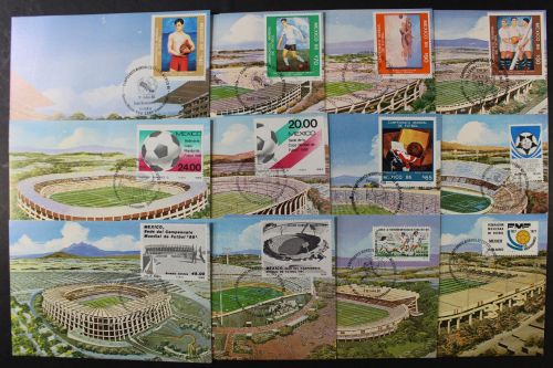 Mexiko, 12 Maximumkarten mit Stadien der Fußball WM 1986