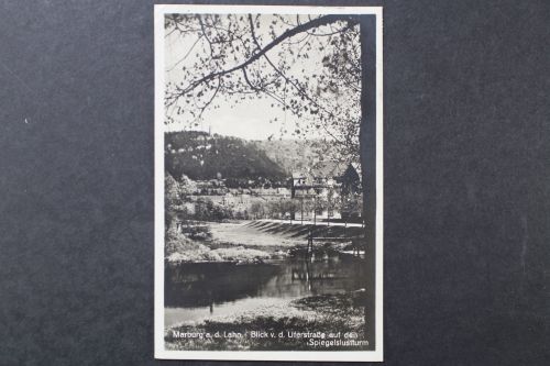 Marburg a. d. Lahn, Blick von der Uferstraße auf den Spiegelslustturm